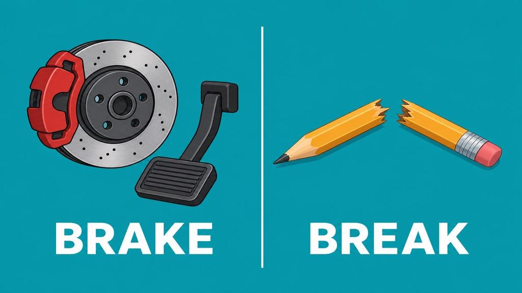 Cartoon illustration showing a round car brake disc and pedal labeled brake beside a snapped pencil in two pieces labeled break on a teal background