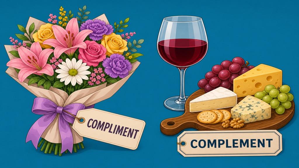 Cartoon illustration showing puzzle pieces fitting together representing complement and a thumbs-up speech bubble representing compliment