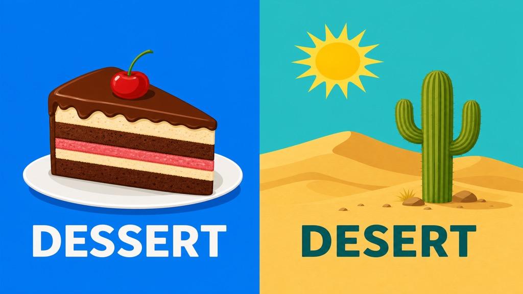 Cartoon illustration showing a slice of layered cake with the word dessert beside a sandy dune with a cactus and sun labeled desert on a teal background