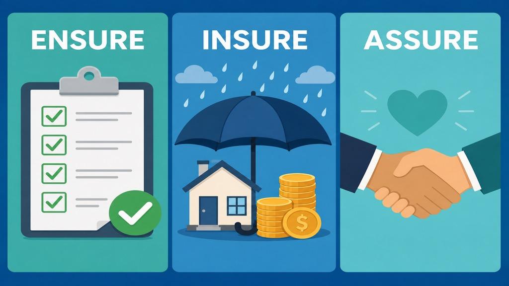 Cartoon illustration showing a checklist with a checkmark for ensure, an umbrella shielding a house for insure, and a calming handshake for assure on a teal background