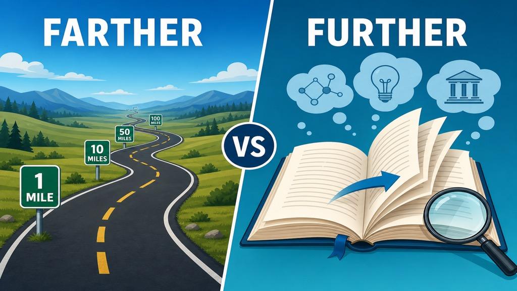 Cartoon illustration comparing farther showing a road stretching into the distance versus further showing a book with pages turning deeper