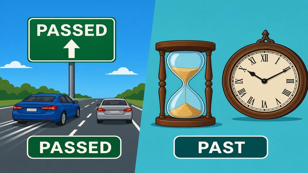 Cartoon illustration showing a green road sign reading passed beside a car overtaking another, and an hourglass and clock labeled past on a teal background