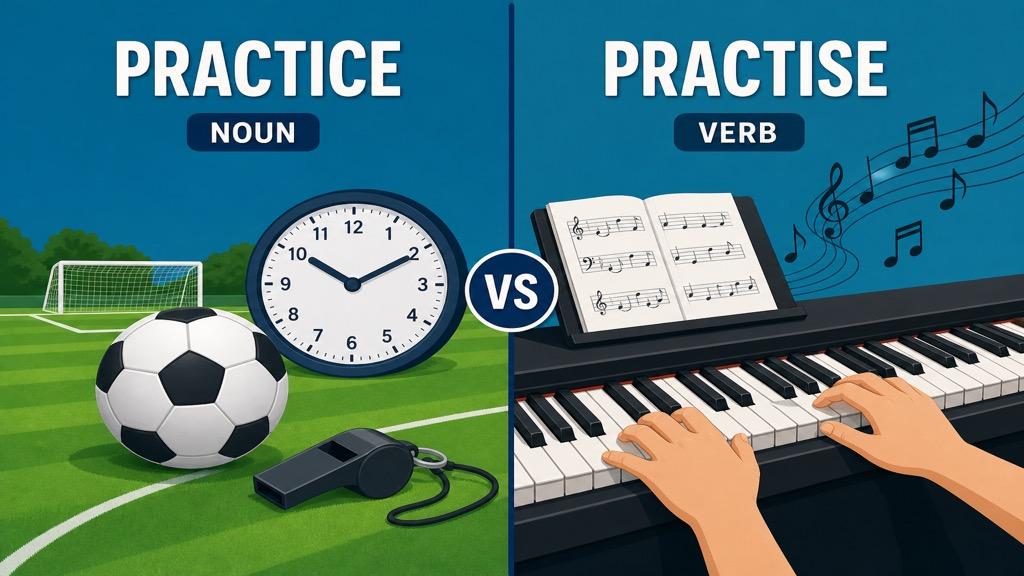 Cartoon illustration comparing practice as a noun with a soccer ball and whistle versus practise as a verb with hands playing piano keys