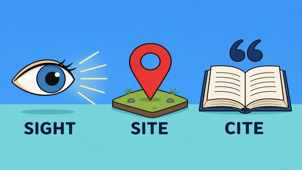Cartoon illustration showing an eye with rays labeled sight, a map pin on the ground labeled site, and an open book with a quotation mark labeled cite on a teal background