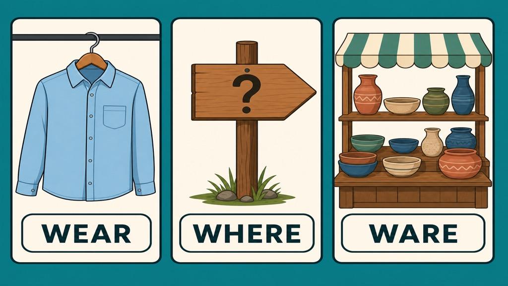 Cartoon illustration showing a hanging shirt labeled wear, a signpost with a question mark labeled where, and a market stall of pots labeled ware on a teal background