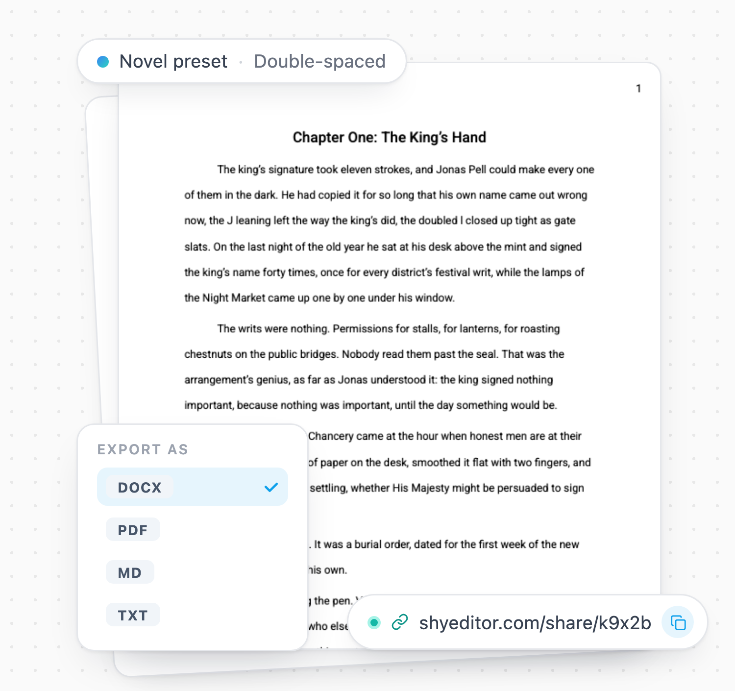 Manuscript export options in ShyEditor