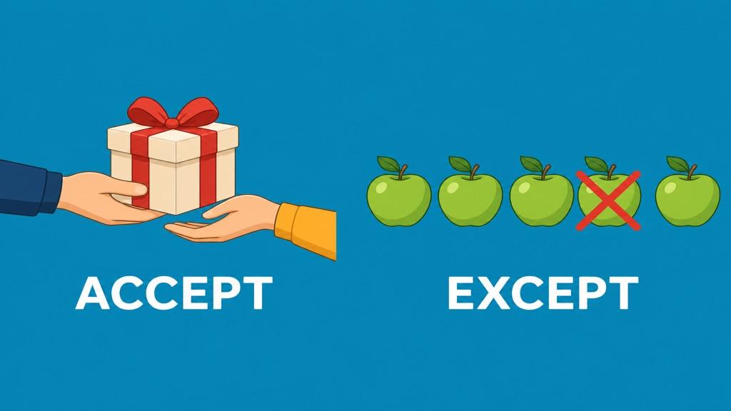 Cartoon illustration showing hands receiving a gift box representing accept and a row of items with one crossed out representing except