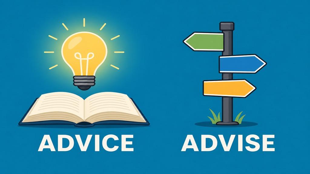Cartoon illustration showing a lightbulb above an open book representing advice as a noun and a signpost pointing the way representing advise as a verb