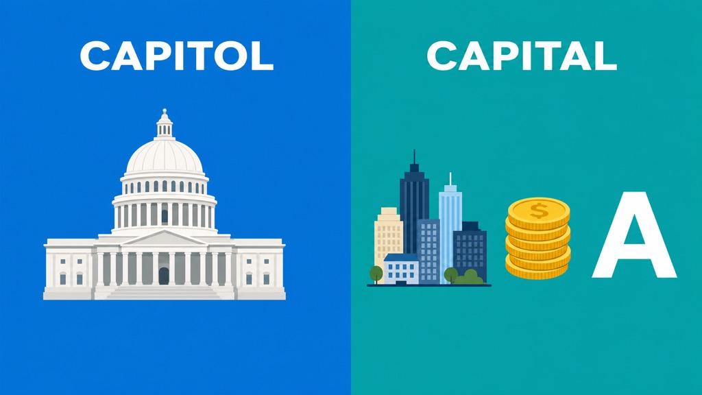 Cartoon illustration showing a domed legislative building labeled with an O for capitol beside a city skyline, stack of coins, and an uppercase letter A for capital on a teal background