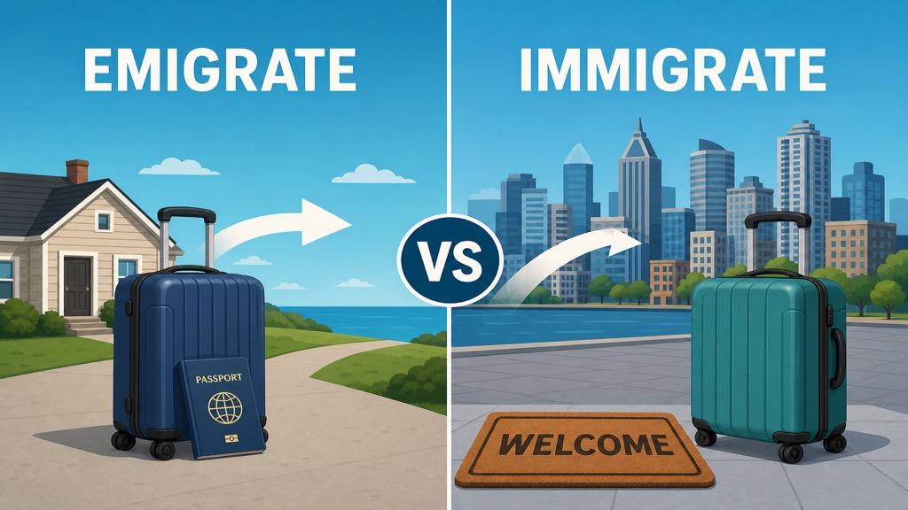 Cartoon illustration comparing emigrate with a suitcase leaving a house versus immigrate with a suitcase arriving at a new city
