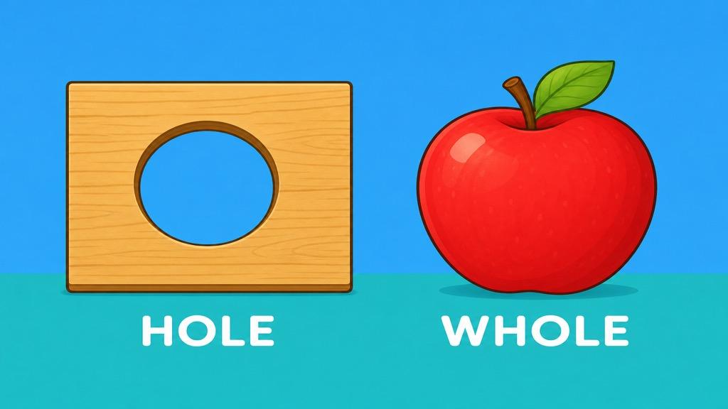 Cartoon illustration showing a round hole cut through a wooden board labeled hole and a whole uncut red apple labeled whole on a teal background