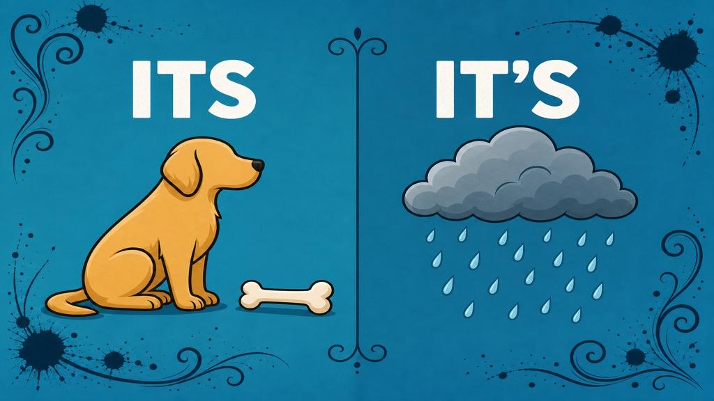 Cartoon illustration showing the difference between its and it's with two friendly characters holding signs