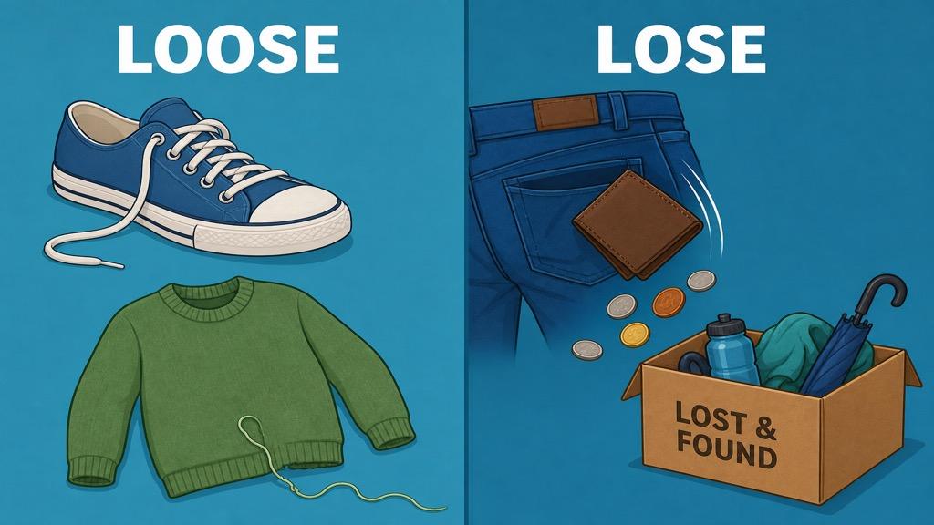 Cartoon illustration showing the difference between loose and lose with two characters, one with a loose untied shoelace and one who lost their keys