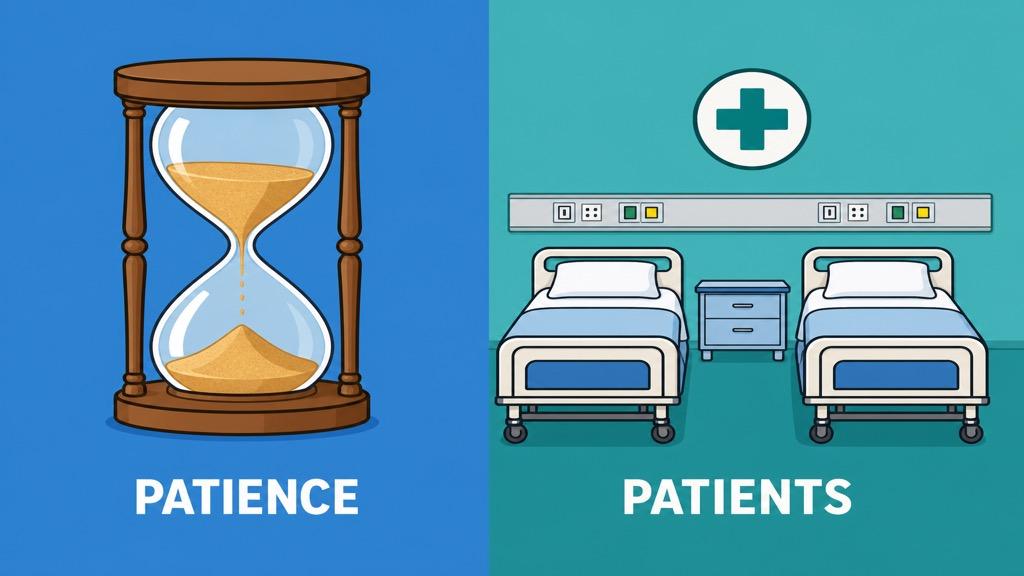 Cartoon illustration showing an hourglass with sand running through labeled patience and two hospital beds labeled patients on a teal background