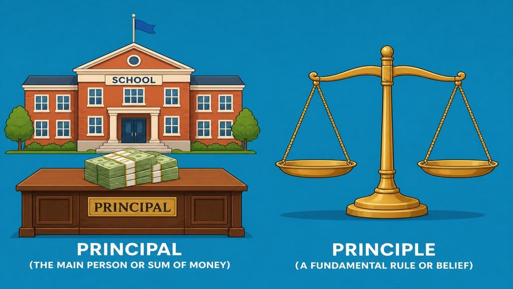 Cartoon illustration showing a golden key with a star representing principal and an open book with a glowing lightbulb representing principle