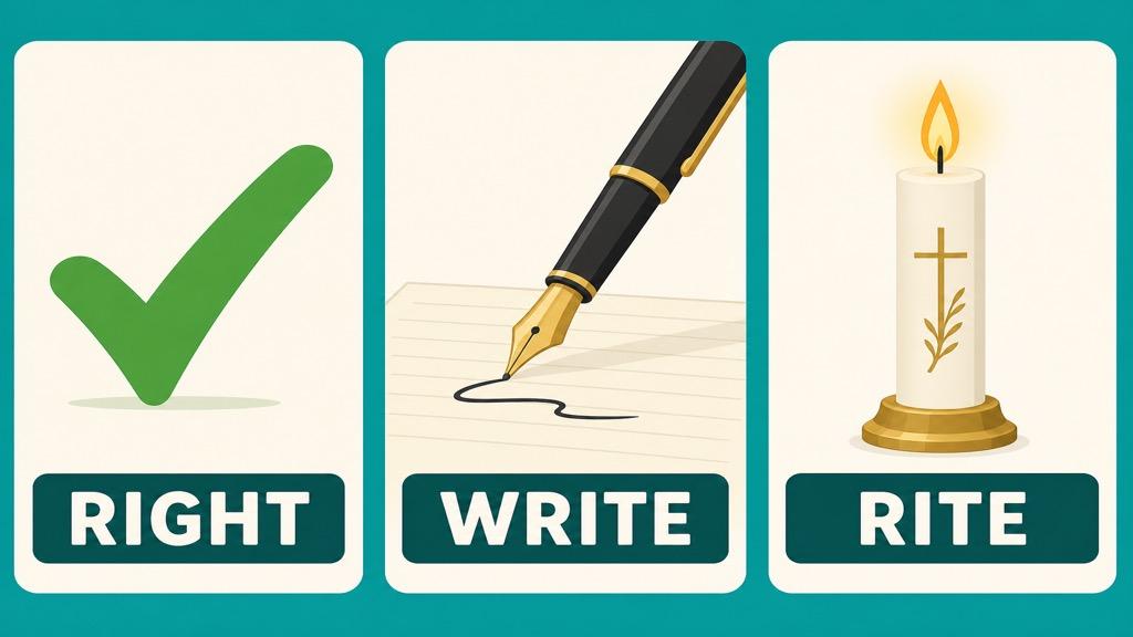 Cartoon illustration showing a green check mark labeled right, a fountain pen drawing a line labeled write, and a lit ceremonial candle labeled rite on a teal background
