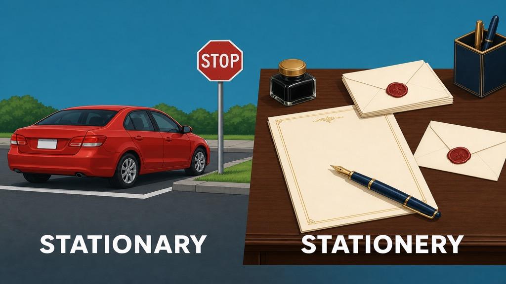 Cartoon illustration showing a parked bicycle representing stationary and writing paper with envelopes representing stationery