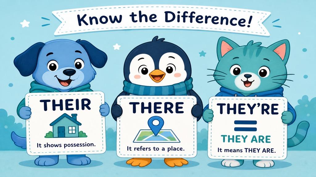 Cartoon illustration showing the difference between their, there, and they're