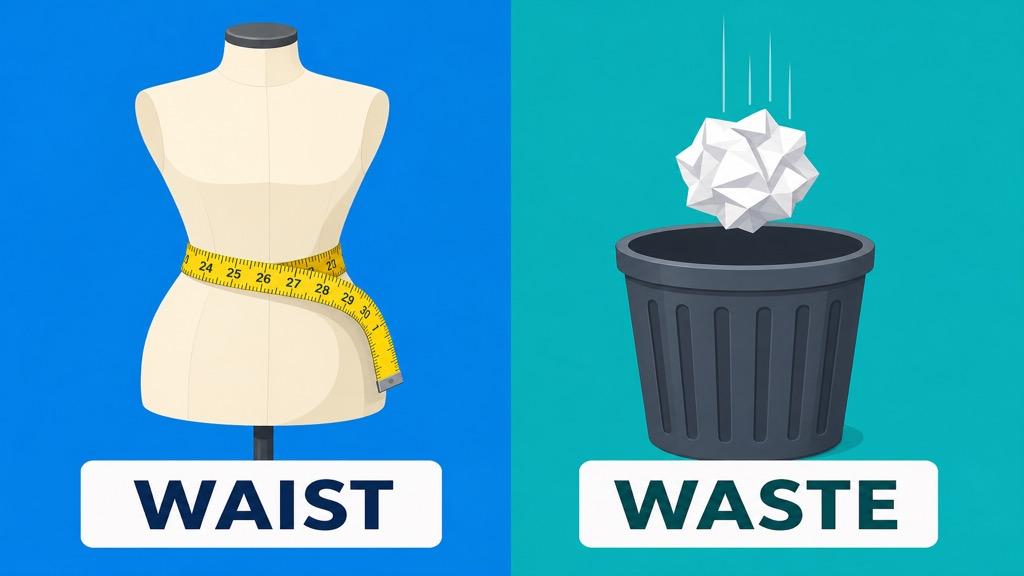 Cartoon illustration showing a tape measure wrapped around a narrow midsection labeled waist beside a crumpled paper and trash bin labeled waste on a teal background
