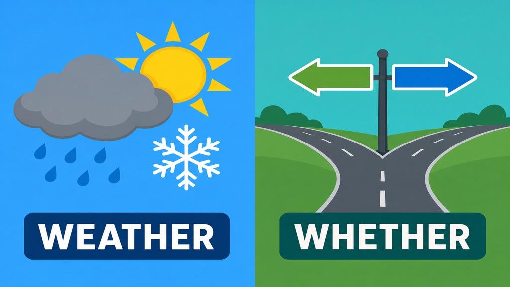 Cartoon illustration showing a rain cloud and sun labeled weather beside a forked road with two arrow signs labeled whether on a teal background