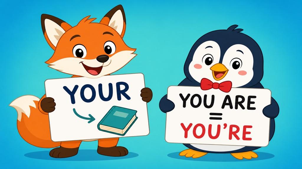 Cartoon illustration showing the difference between your and you're with two friendly characters holding signs